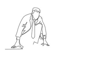 Animated self drawing continuous line draw group of male and female worker gets ready on starting line to do sprint race together. Business running competition concept. Full length one line animation video