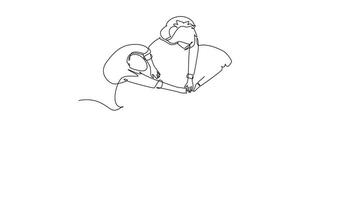 Self drawing animation of single line draw top view group of success business people unite their hand together to form circle shape symbol. Teamwork concept. Continuous line draw. Full length animated video