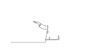Self drawing animation of single line draw young happy female motivator poses neatly in front of camera after presentation at office. Public trainer concept. Continuous line draw. Full length animated video