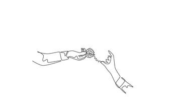 Animated self drawing of continuous line draw of hand gesture male and female business team member unite piece of gears to one as team building symbol. Teamwork concept. Full length one line animation video