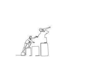 Self drawing animation of single line draw of business team holding hands together following leader who hold flag climbing up stairs step by step. Teamwork. Continuous line draw. Full length animated video