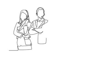 Animated self drawing of continuous line draw group of happy male and female customer service team members pose neatly in straight line. Call center service excellence. Full length one line animation video