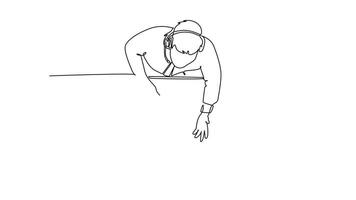 Animated self drawing of continuous line draw top view male customer service listening complaint with headset on monitor from client. Call center service excellent. Full length single line animation video