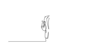 Self drawing animation of single line draw beautiful female customer service worker standing and answering phone call from customer kindly. Helpdesk center. Continuous line draw. Full length animated video