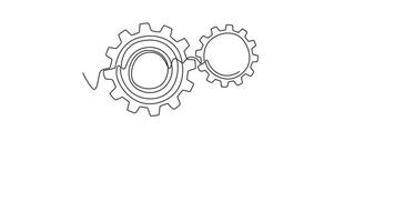 Animated self drawing of continuous line draw metal wheel round gear for machinery office logo. Mechanical company metaphor for teamwork, connected, partnership concept. Full length one line animation video