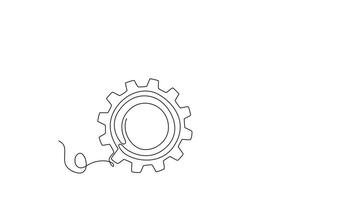 Animated self drawing of continuous line draw of mechanical engine gear logo. Round wheel metal symbol for business teamwork, connection, collaboration, success concept. Full length one line animation video
