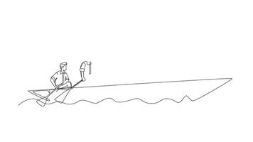 Self drawing animation of single line draw group of male team member take boat heading to an island while leader navigate using binocular. Teamwork concept. Continuous line draw. Full length animated video