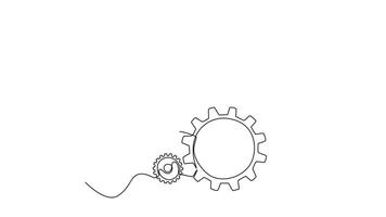 Animated self drawing of continuous line draw of round metal wheel gear cog for mechanical company logo identity. Teamwork and collaboration process at office concept. Full length one line animation video
