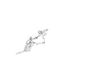 Self drawing animation of single line draw male and female team member stick together follow their leader who holds flag to reach top of the hill. Teamwork. Continuous line draw. Full length animated video
