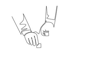 Animated self drawing of continuous line draw of business team member arrange wooden cube block become strong tower, together to improve team building. Teamwork concept. Full length one line animation video