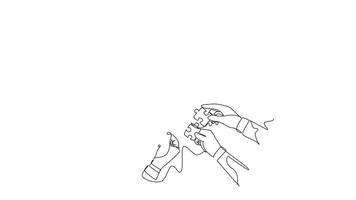 Animated self drawing of continuous line draw male and female business team member unite puzzle pieces together to one as team building symbol. Office employee teamwork. Full length one line animation video