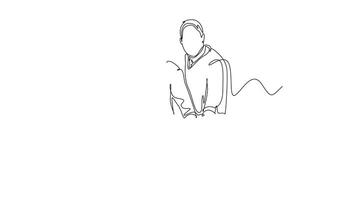 Animated self drawing of continuous line draw group of success happy male and female business people unite their hands together to form a circle shape. Teamwork unity. Full length one line animation video