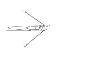 Self drawing animation of single line draw top view businessman leader with binoculars lead business team with rowing boat. Teamwork or support to achieve target. Continuous line. Full length animated video