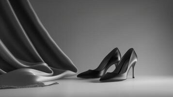 A chic pair of high heels in satin finish rests elegantly next to soft, draped fabric, highlighting their sleek design and fashionable appeal in a minimalist environment photo
