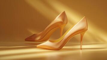 A pair of chic high heels with a luxurious satin finish stands on a golden surface, reflecting light and embodying contemporary elegance for fashionable occasions photo