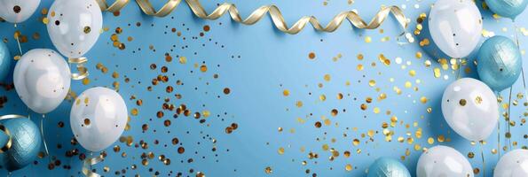 Balloons in white and teal are scattered around a vibrant blue backdrop, accompanied by shimmering confetti and curling ribbons, creating a joyful festive atmosphere photo