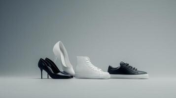 A sleek pair of black high heels stands next to a trendy set of sneakers, showcasing a blend of elegance and casual style against a simple backdrop photo