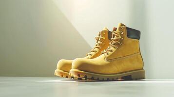 These durable yellow hiking boots are perfect for outdoor activities, offering reliable support while exploring rugged trails and diverse terrains during daylight hours photo