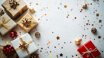 A vibrant New Year setting showcasing elegantly wrapped presents in various colors surrounded by shiny ornaments and confetti, perfect for festive celebrations photo