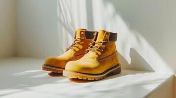 These yellow rugged hiking boots are ideal for outdoor enthusiasts seeking comfort and support on trails. Perfect for exploring nature in various weather conditions photo