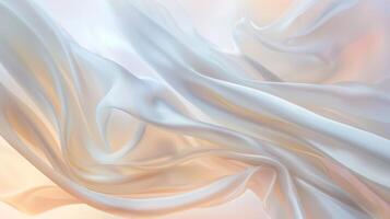 A beautiful display of white silk satin fabrics draped gracefully, highlighting their soft textures and delicate sheen under gentle lighting, perfect for fashion and interior design photo