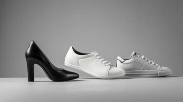 A sleek black high heel, a trendy white sneaker, and a fashionable white athletic shoe are arranged neatly on a clean, minimalist surface, highlighting contemporary shoe design photo