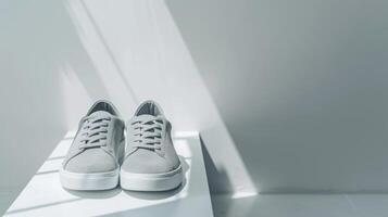 Two versatile men's travel shoes are neatly displayed on a pedestal, bathed in soft natural light. The shoes feature a modern design suitable for various activities photo