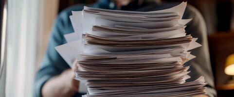 A person grips a large stack of papers while standing indoors. Sunlight filters through a nearby window, creating a warm atmosphere in the room photo