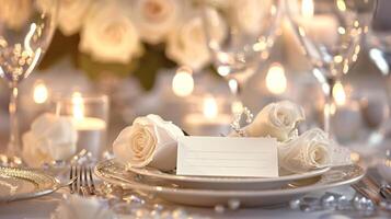 A lovely arrangement showcases pristine white roses and flickering candles on a finely laid table, creating a warm and inviting atmosphere for a special gathering photo