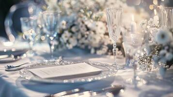 A beautifully arranged table awaits guests, complete with delicate glassware and fine china. Fresh flowers enhance the romantic atmosphere, illuminated by soft, glowing lights photo