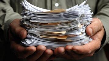 A person holds a substantial stack of unorganized papers, highlighting the disorder and overwhelming amount of paperwork. The hands demonstrate the weight of this clutter photo