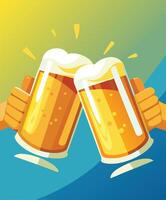 Two hands clinking beer glasses in a toast vector