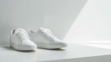 A pair of stylish white sneakers designed for men is placed on a sleek surface, showcasing their lightweight build and contemporary design in soft, natural light photo