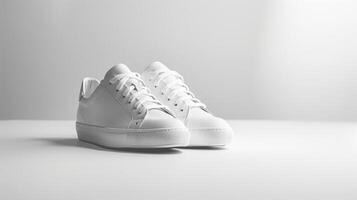 A stylish pair of all-white sneakers is showcased against a clean, light background in a contemporary studio. The design focuses on simplicity and elegance photo
