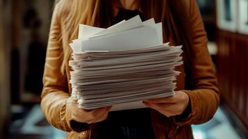 A woman holds a large collection of documents tightly against her chest in a brightly lit area, showcasing a busy environment filled with papers and tasks photo