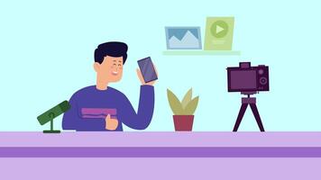 Man is sitting at a desk with a camera and a phone Animation video