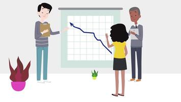 People standing around a board with a graph on it Animation video