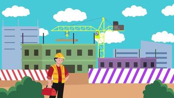 Man in a hard hat standing in front of a construction site Animation video