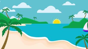 Cartoon beach scene with palm trees and a sailboat summer background video