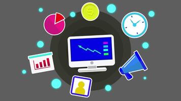Computer with various icons and icons around it Animation video