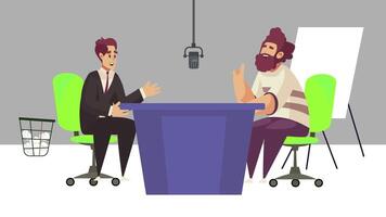 Radio studio recording characters guest talk show host talking microphone background animation video