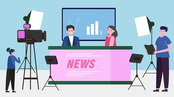 News anchor and reporter in studio with camera and microphone background animation video