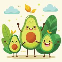 Three avocado characters with faces and arms vector