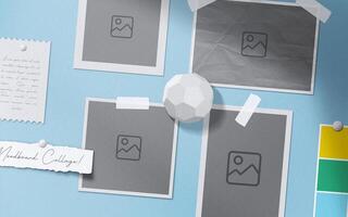 Moodboard template composition with blank photo cards, torn paper, polaroid frame glued mockup with yellow adhesive tape and isolated.