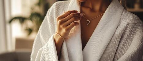 Woman in a White Bathrobe Adjusting a Necklace. photo