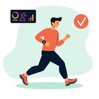 Man jogging with a fitness tracker displaying active workout data in a sunny outdoor setting vector