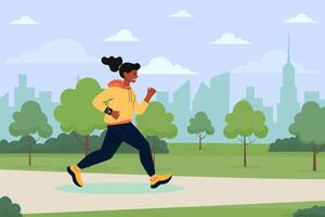 Woman jogging in a city park surrounded by trees and skyline on a sunny day vector