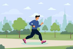 A man jogs in a park surrounded by trees with a city skyline in the background during the day vector