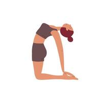 Woman practicing camel pose during an outdoor yoga session in a serene environment vector