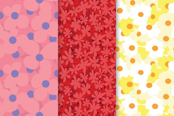 Floral seamless patterns set. Meadow plants, daisy and field flowers seamless patterns set